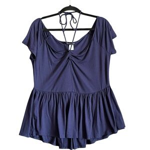 Venus Women's Navy Ruched Tie Front Peplum High Low Blouse Top